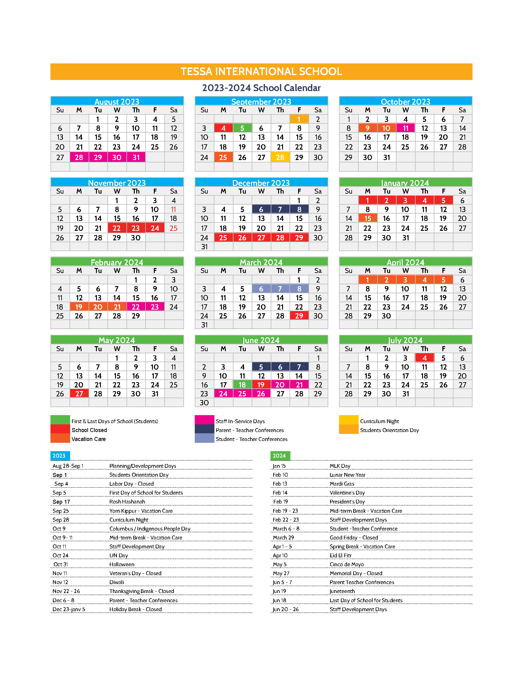 Academic Calendar 2023-24 - Tessa International School