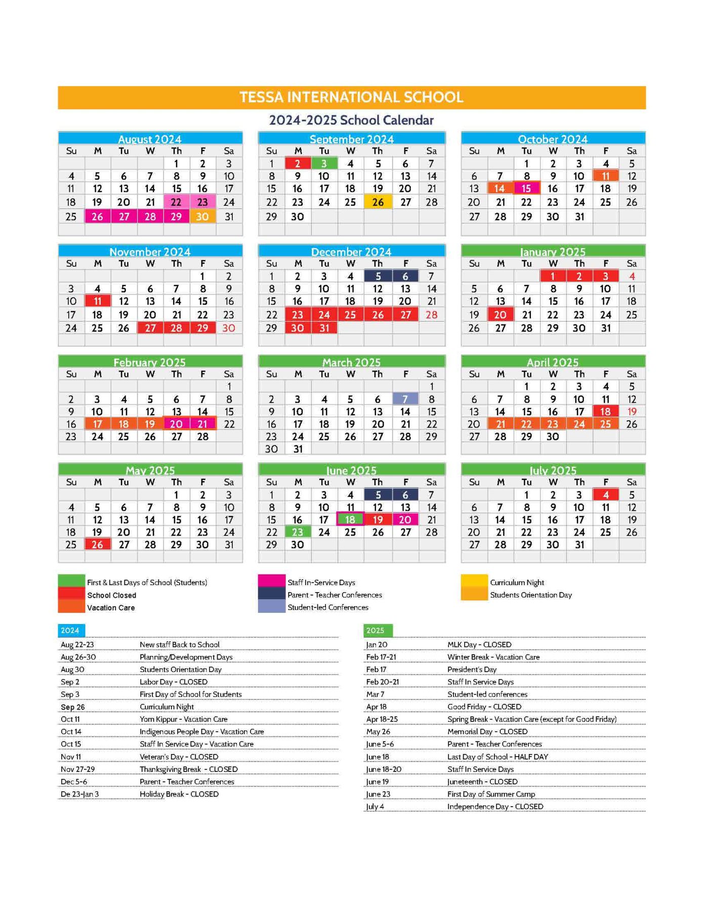 Academic Calendar 2024-25 - Tessa International School