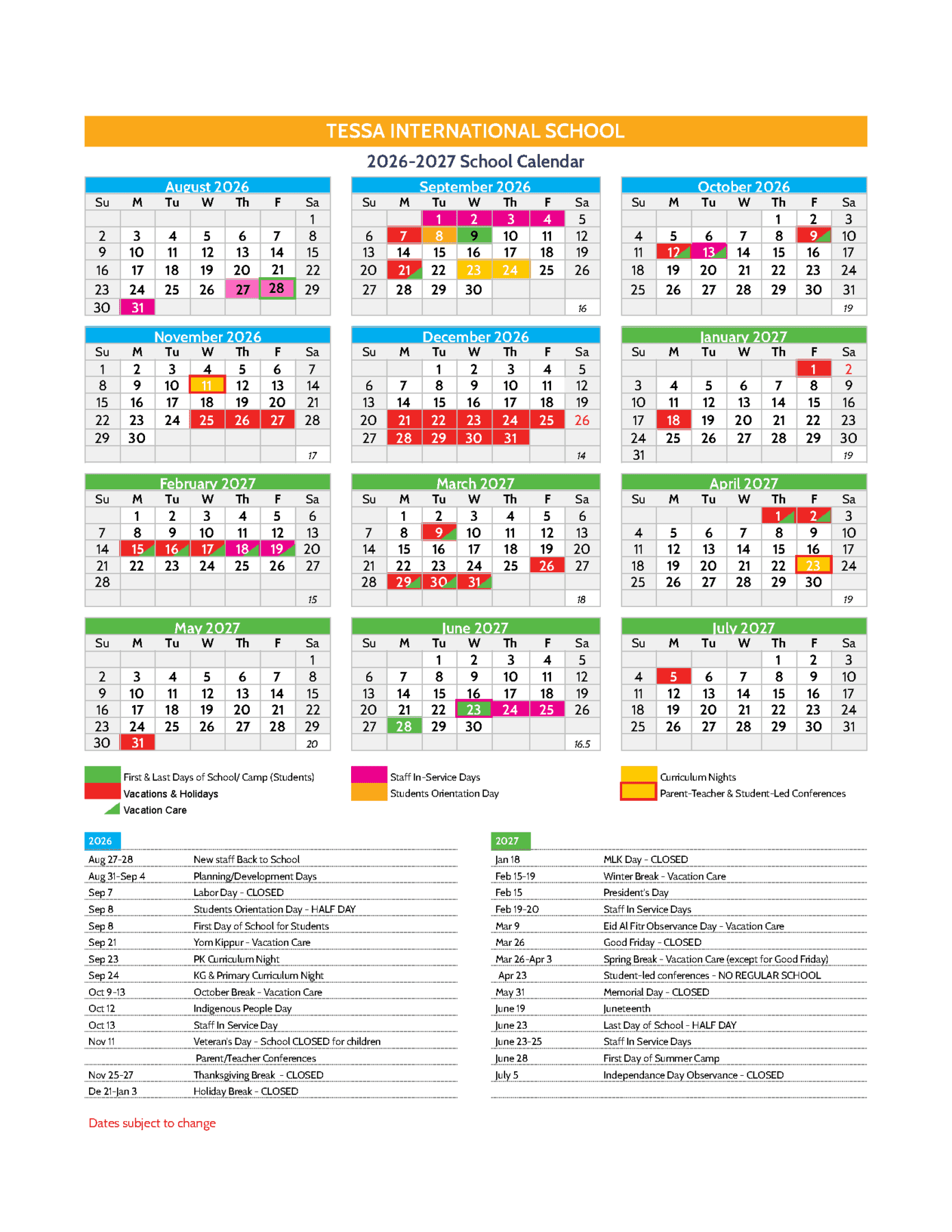 Academic Calendar 2026-27 | Tessa International School